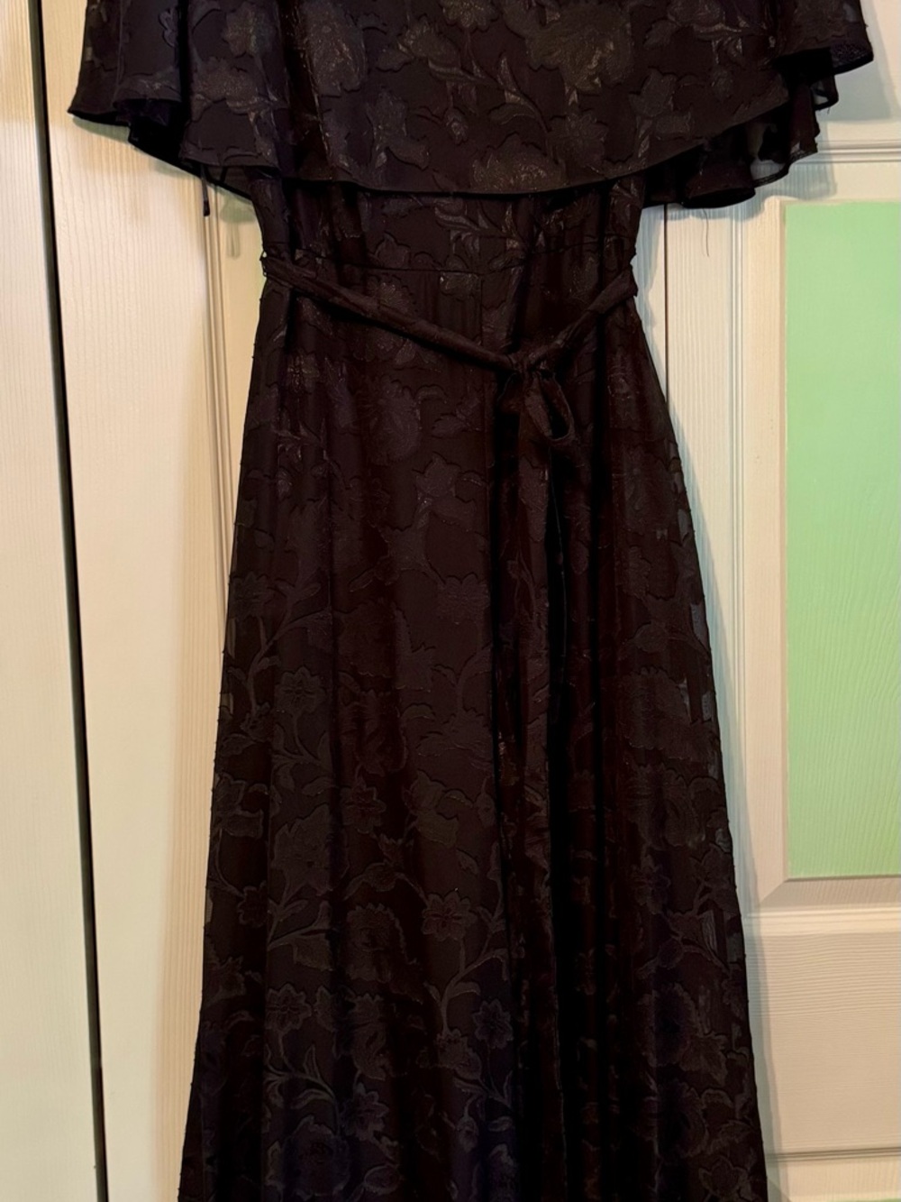 Gabby Skye Black Floral Jacquard Off-Shoulder Maxi jumpsuit